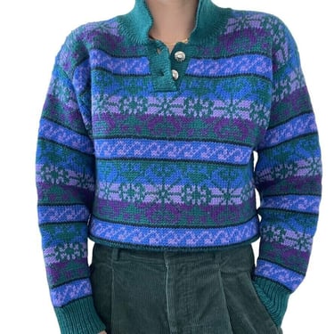 Vintage Womens Hand Knit Wool Green Blue Snowflake Chunky Oversized Sweater Sz M 