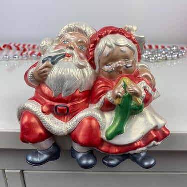 Vintage Ceramic Santa and Mrs Claus Shelf Sitter Figurine, Hand Painted Santas, Kitschy Santa Decor, MCM Iridescent Santa Smoking knitting 