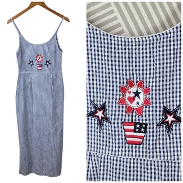 Vintage Overall Dress Size 6 Small Gingham Alt Pinafore Check USA American Flag 