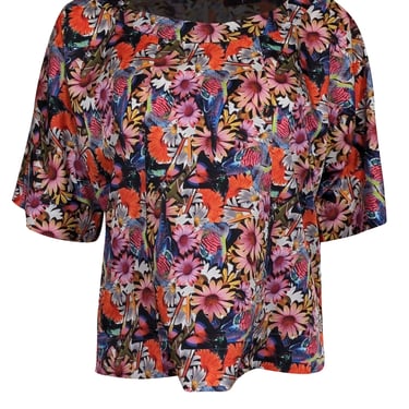 Tibi - Pink, Black, & Multi Color Floral & Bird Print Cropped Sleeve Top Sz XS