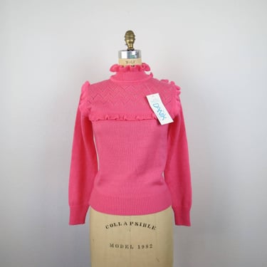 Vintage 1970s pointelle knit ruffle neck sweater, Barbie pink, puff sleeve, NWT 