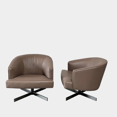 Minotti Martin Brown Leather Swivel Chairs