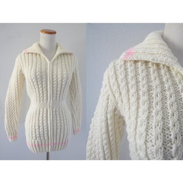 Vintage Zip Up Cardigan Sweater - Cream & Pastel Pink Knit with Pockets - Handmade Grandma Style Cozy Thick Jumper - Size XS / Small S 