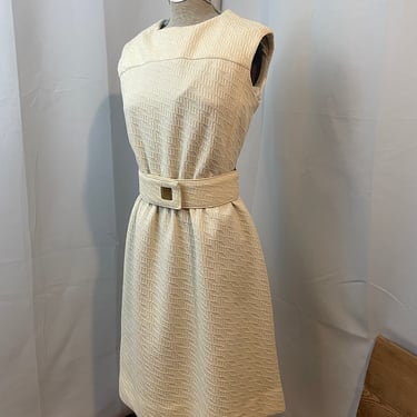 1960s Vintage Belted Dress Mod A line Shift Ivory White Stretch Spring Summer M 
