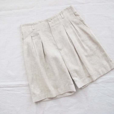 90s Beige Linen Shorts 28 - High Waist Neutral Pleated Mom Shorts - Minimalist Style - Natural Fiber 