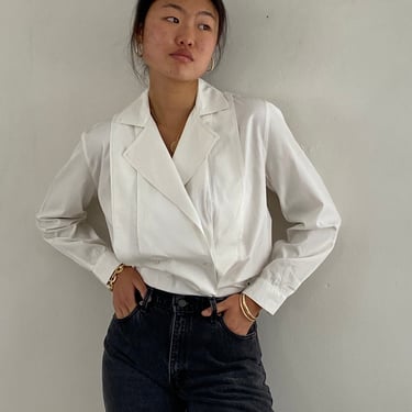 90s Perry Ellis cotton blouse / vintage white cotton designer double breasted pleated luxe shirt blouse | Medium 
