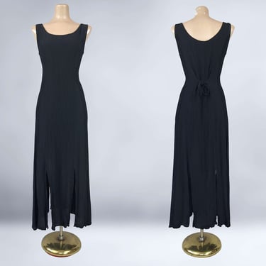 VINTAGE 80s 90s Black Rayon Car Wash Flap Hem Dress M/L| 1980s 1990s Rayon Crinkle Gothic Dress | VFG 