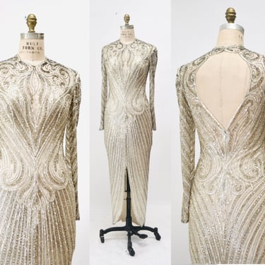 80s 90s Vintage Silver Gold White Cream Beaded Gown Dress Medium Bob Mackie Silk// Vintage Sheer Wedding Gown Beaded Art Deco Medium 