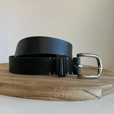 Vintage 90s Black Genuine Leather White Stitched Chunky Distressed Belt - M/L 