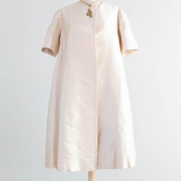Astounding Early 1960's Ivory Shantung Silk Evening Coat With Pleated Floral Lining / SM