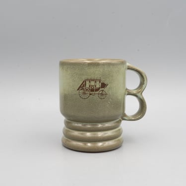 Frankoma Mug C11, Prairie Green Stagecoach Decal | Vintage Oklahoma Pottery Salpulpa Clay 