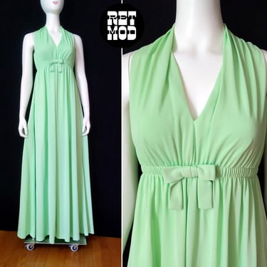 Beautiful Vintage 60s 70s Pastel Green Long Maxi Dress with Bow 