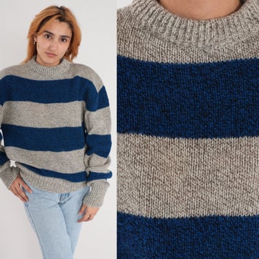 Wool Striped Sweater Y2K Blue Taupe Knit Pullover Sweater American Eagle Crewneck Retro Fall Jumper Flecked 00s Vintage Large 