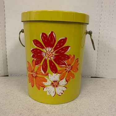 Vintage Retro Yellow Ice Bucket Floral Print plastic canister, Metal handles 