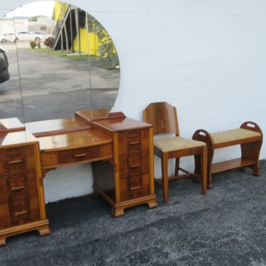 Art Deco Vanity Makeup Table with Mirror Bakelite Handles Stool and Chair 5132