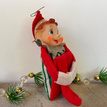 Vintage Kneehugger Elf, Christmas Elf Ornament, Green White Stripes, Made In Japan 