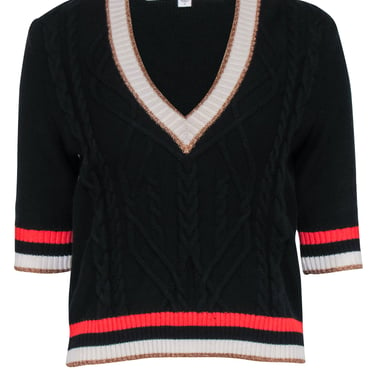 Veronica Beard - Black Knit V-Neck Crop Sleeve Sweater Sz S