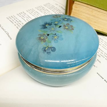 Vintage Jewelry Box Retro 1980s Himark + Alabaster + Stone + Trinket Dish + Blue + Floral Print + Round + Jewelry Storage + Made in Italy 