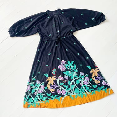 1970s Black Butterfly + Floral Print Dress 