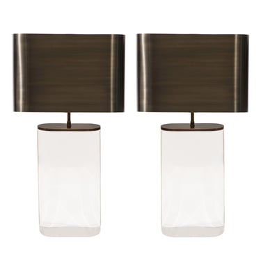 Karl Springer Pair of Exceptional "Oval Lucite Table Lamps" with Bronze Shades 1980s - ON HOLD