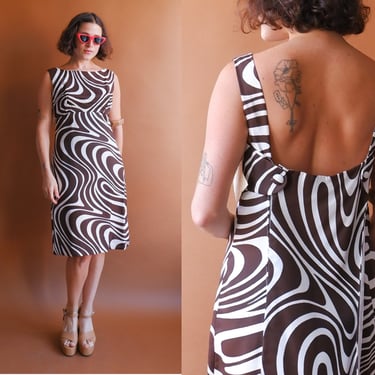 Vintage 60s Op Art Brown and White Backless Dress/ 1960s Mod Dress/ Size Medium 