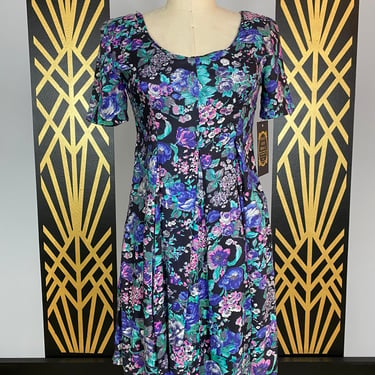 1980s mini dress, purple floral, vintage 80s dress, the edge, deadstock, size small, rayon, 32 bust, babydoll dress, grunge style 