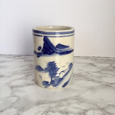 Vintage Blue and White Brush Pot - Porcelain Asian Vase Planter - Chinoiserie Blue White Decor 