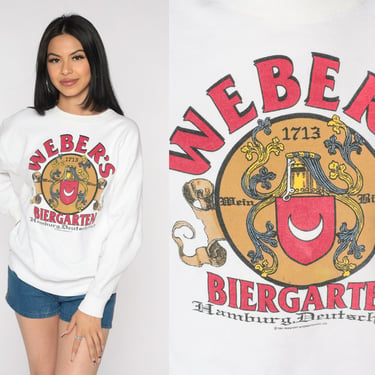 Webers Biergarten Sweatshirt 90s German Beer Shirt Retro Alcohol Hamburg Deutschland Graphic Sweatshirt White Vintage 1990s Medium Large 
