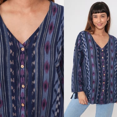 Ikat Hippie Blouse Y2K Blue Striped Shirt Boho Button up Top V Neck Bohemian Long Sleeve Purple Cotton Vintage 00s 18W 
