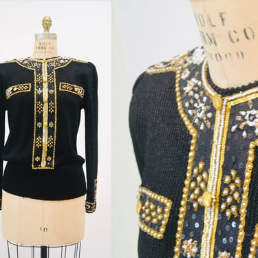 80s 90s Glam Vintage Black Gold Beaded Sequin Sweater Small Medium By Elizabeth New York Black Gold Metallic Beaded Sequin Pull Over Jumper 