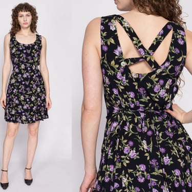 90s Black Floral Mini Sundress - Medium to Large | Vintage Criss Cross Back Strap Grunge Skater Dress 