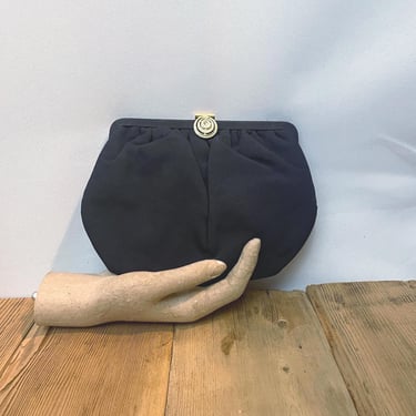 Clutch Purse 1950s Vintage Navy Blue Crepe Rhinestone Clasp Convertible Chain Handle 