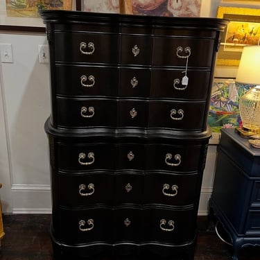 Black painted French Provincial tall chest of drawers. 40” x 20” x 58.5” tall 