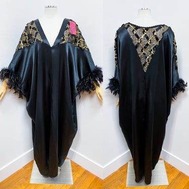 1980s Black & Gold Sequin Feather Muumuu Dress by Intimate Attitudes 1X-2X | Vintage, Costume, Dramatic, Bird 