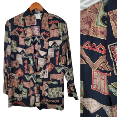 Vintage 90s Blazer Jacket Size Large Geometric Lightweight Aztec Oversize 