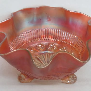 Northwood Carnival Glass Orange Floral Stippled Mum Ruffled Footed Bowl 3342B