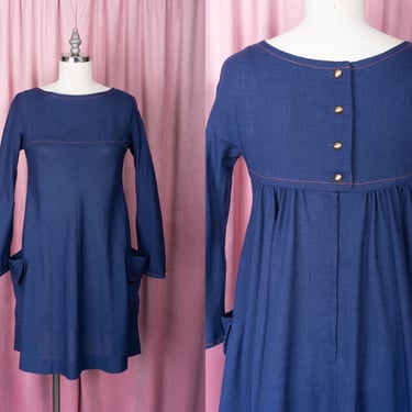 1960s E.T. California Navy Blue Bias Cut Linen Trapeze Dress with Contrast Stitching and Large Pockets 