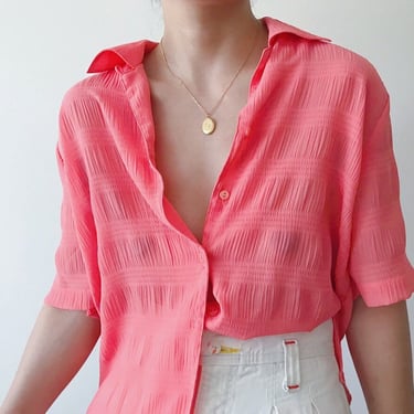 vintage blouse silky blouse button down vintage shirt textured wrinkled silky red pink secretary blouse basic wear capsule wardrobe size S/M 