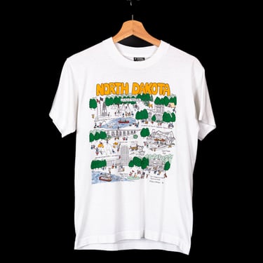80s North Dakota Cartoon Map Tourist T Shirt - Men's Small, Women's Medium | Vintage Barb McClain Retro Front Back Graphic Tee 