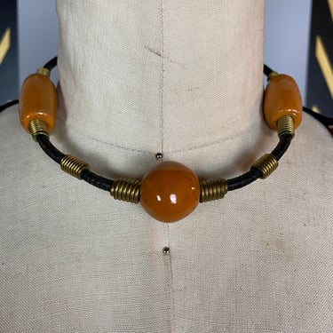 1970s choker, ceramic beads, vintage necklace, bohemian jewelry, hippie style, 1970s necklace, mustard yellow, corded, wearable art, boho 