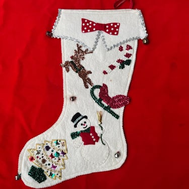 1950s felt Christmas stocking tree snowman and sleigh appliqué 