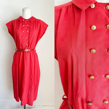Vintage 1980s Red Double Breasted Day Dress / M 