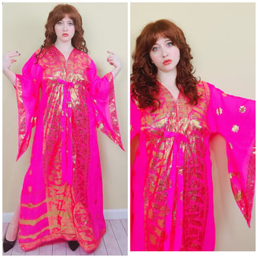 1980s Vintage Hot Pink and Gold Caftan Dress / 80s Metallic Sheer Nylon Angel Sleeve Maxi Gown / XL 