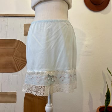 Vintage 70s Light Blue Lace Floral Rose Bow Trim Semi Sheer Mini Skirt - Medium 