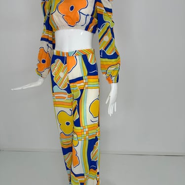 1960s 2pc Wild Print Long Sleeve Crop Top & Matching Pant Set Small
