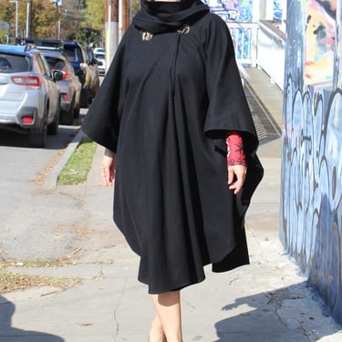 Vintage Coatree Black Wool Blend Cape, One Size Women, Oversized Coat, Hood, Plus Size Coat 