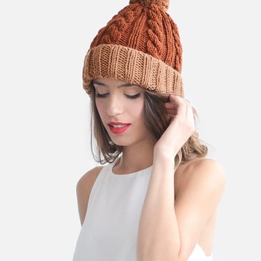 Color Block Beanie in Copper and Burnt Orange, Customizable Hat, Womens Winter Hat, Two Tone Beanie, Custom Bobble Hat  — The Two Tone 