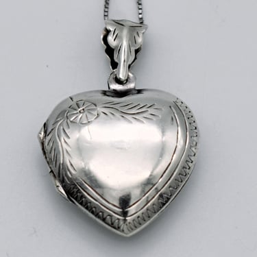 60's 925 silver two sided heart locket, mid-century etched sterling floral pendant necklace 