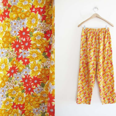 Vintage Floral Elastic Waist Pants S M - 90s Yellow Orange Casual Liberty Calico Print Straight Leg Cotton Lounge Pants 