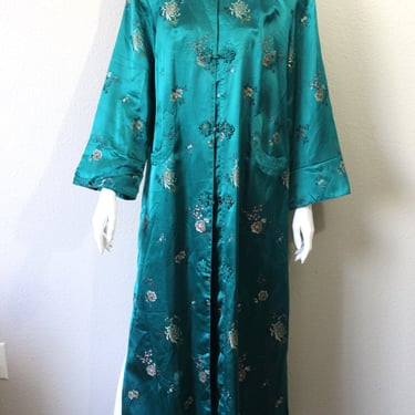 Vintage 40s 1950's Emerald Silk Hollywood Glamour Dressing Gown Robe Lounging Jacket Evening Coat Kimono // Medium 